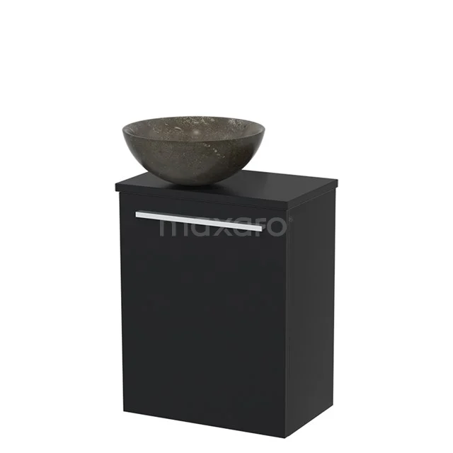 Black bathroom cabinet with natural stone countertop wash basin, minimalist design and chrome handle, ideal for modern bathrooms.