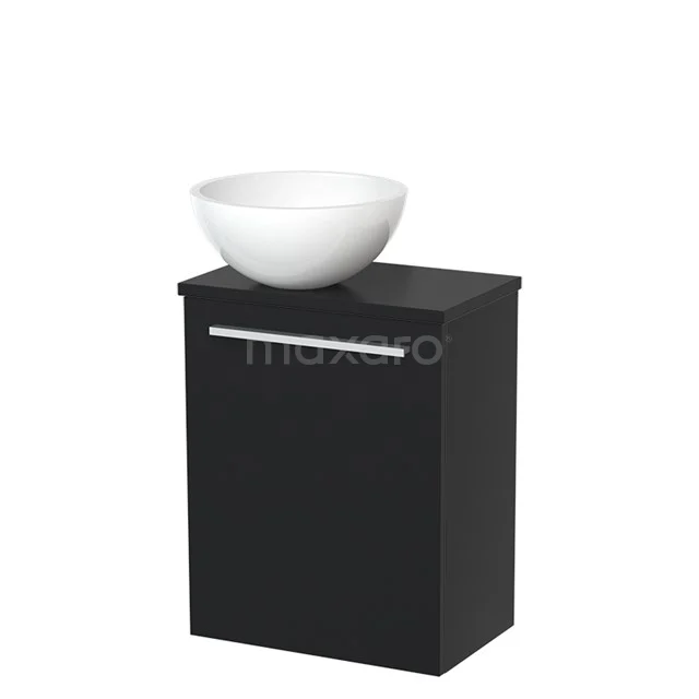 Black bathroom cabinet with ceramic basin, compact design, ideal for modern bathrooms.