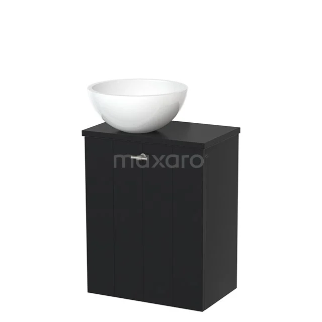 Black bathroom furniture set with ceramic white bowl-shaped basin, compact design ideal for modern bathrooms.
