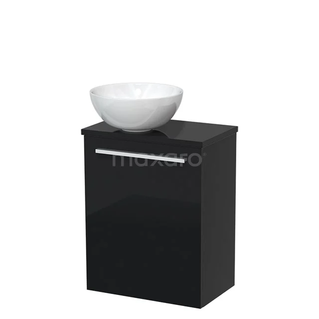 Black bathroom cabinet with high-gloss finish, a chrome handle and a white ceramic countertop wash basin on top.