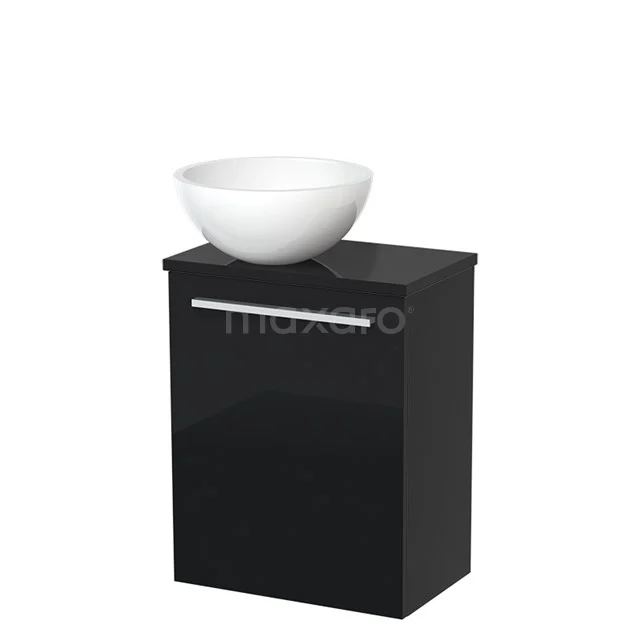 Black bathroom cabinet with high-gloss finish, white round basin on top, modern design for stylish bathrooms.