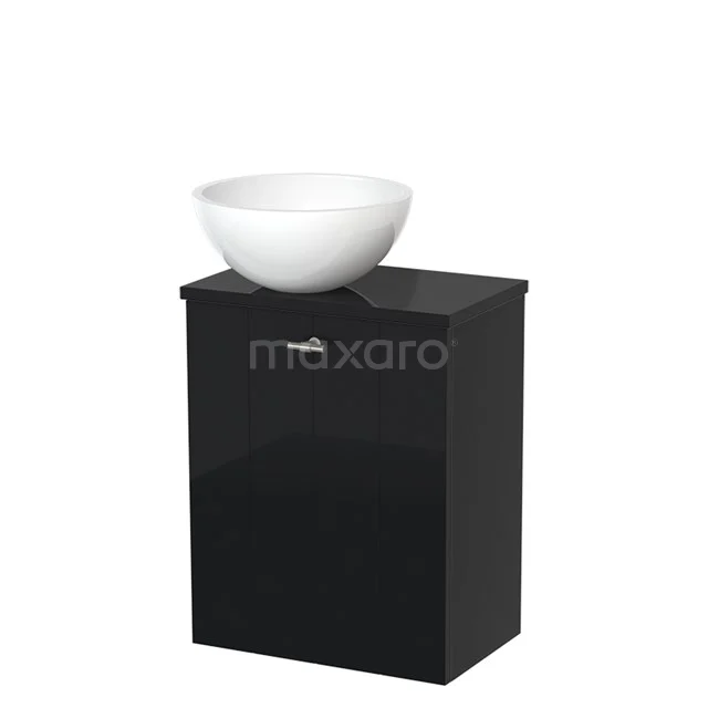 Black bathroom unit with glossy finish and white vanity units with basin, ideal for a modern bathroom design.
