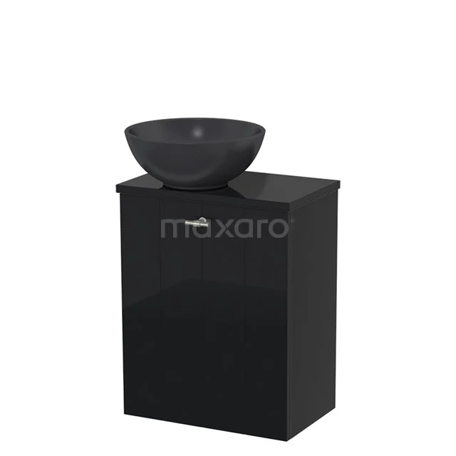 Black bathroom cabinet with ceramic countertop wash basin, glossy finish, ideal for stylish and modern bathroom fittings.