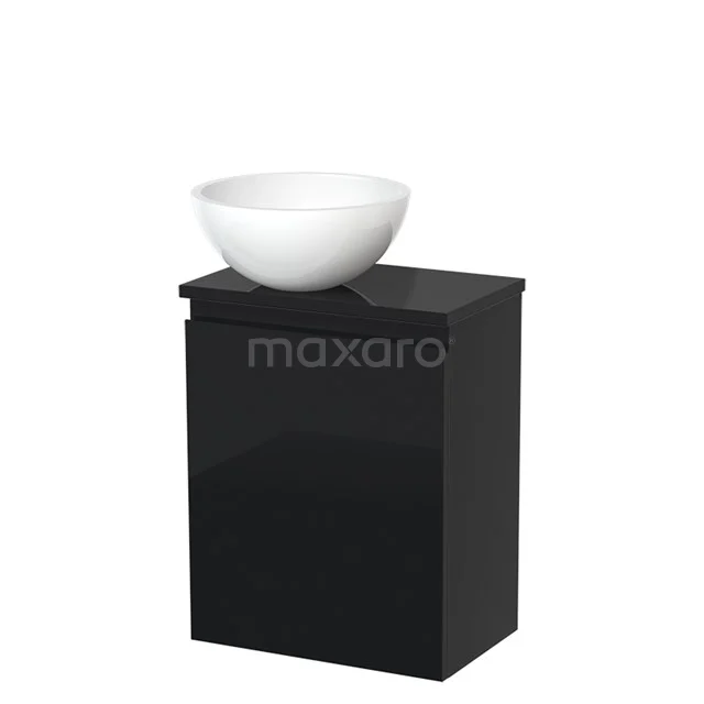 Black bathroom cabinet with high-gloss finish and white ceramic countertop wash basin, ideal for a modern bathroom style.
