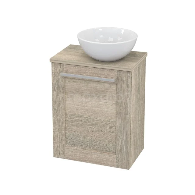 Holz-Badmöbel mit Eiche-Look und weißem Aufsatzwaschbecken, ideal für kompakte Nutzung und stilvolle Badezimmergestaltung.