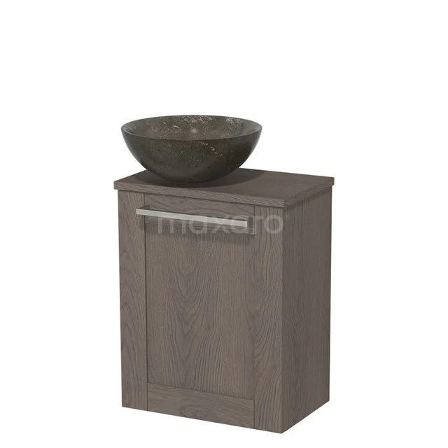 WC-Möbel mit Aufsatzwaschbecken | 41 cm Dunkelbraune Eiche Rahmenfront Blaustein Naturstein Aufsatzwaschbecken Dunkelbraune Eiche Platte TMK10-04887 Holz-Badmöbel mit dunkelgrauem Aufsatzbecken aus Naturstein, kompaktes Design ideal für kleine Bäder.