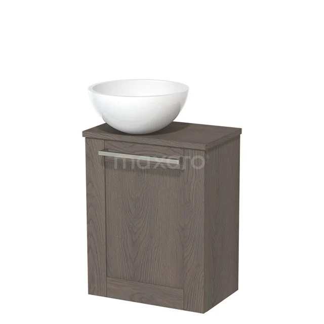 Wooden bathroom unit with countertop wash basin, grey finish, compact size and modern design with metal handle.