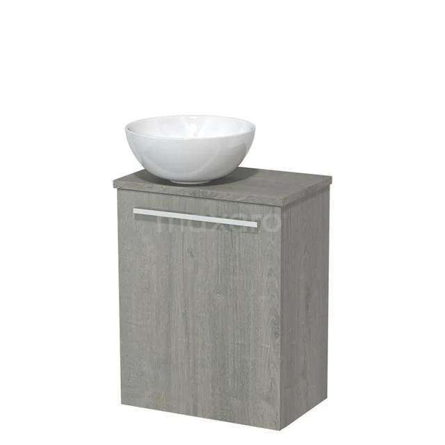 Grey wooden bathroom cabinet with a white ceramic countertop wash basin, compact design, ideal for modern bathrooms.
