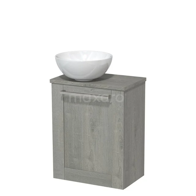 Grey bathroom unit with wood look, compact shape, white bowl-shaped basin; perfect for stylish bathroom storage.