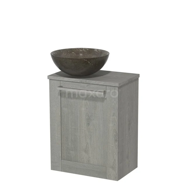 Compact grey wooden bathroom cabinet with dark countertop wash basin, modern design and practical storage space for bathroom accessories.