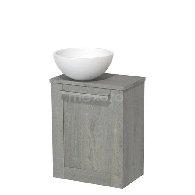 Toilet unit with countertop wash basin | 41 cm Grey oak Front Matte white Solidtop wash basin Grey oak worktop TMK10-00153 Compact grey bathroom cabinet with wood look and modern white countertop wash basin, perfect for stylish and space-saving bathrooms.