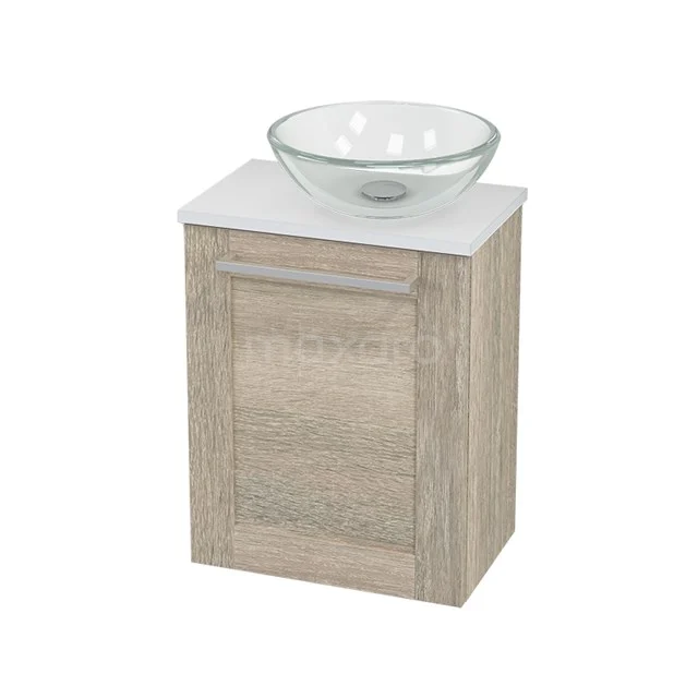 Holz-Badmöbel mit Glas-Aufsatzwaschbecken, kompaktes Design, ideal für kleine Bäder.