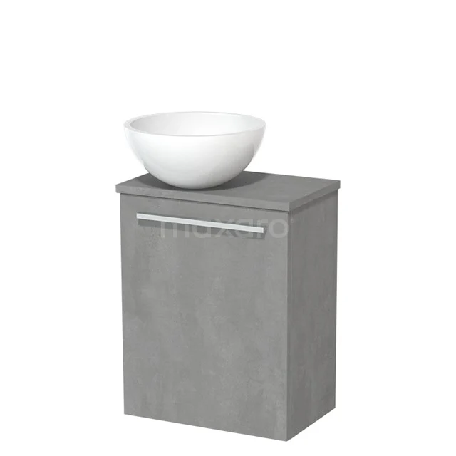 WC-Möbel mit Aufsatzwaschbecken | 41 cm Hellgrauer Beton Glatte Front Hochglanz Weiß Mineralguss Aufsatzwaschbecken Hellgrauer Beton Platte TMK10-04907 Grauer Badschrank mit weißem rundem Waschbecken, moderne Ausführung in Betonoptik, ideal für eine stilvolle Badezimmer Einrichtung.