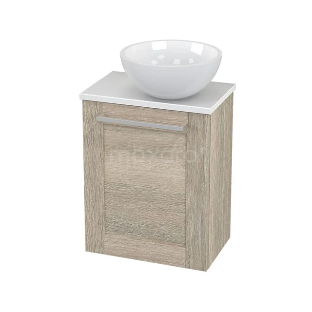 Toilet unit with Countertop wash basin Mineral marble Gloss Modulo+ Pico Oak 41cm BMC000865 Wooden bathroom cabinet with light Oak finish, ceramic basin on top, compact design for modern bathrooms.