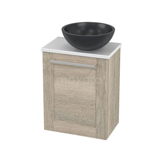 Holz-Badschrank mit einem schwarzen Aufsatzwaschbecken, kompaktes Design und weißer Platte, ideal für einen modernen Badezimmerstil.