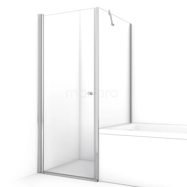 L-shaped shower screen with clear glass, aluminium profile and pivot door, suitable for stylish bathroom layouts.