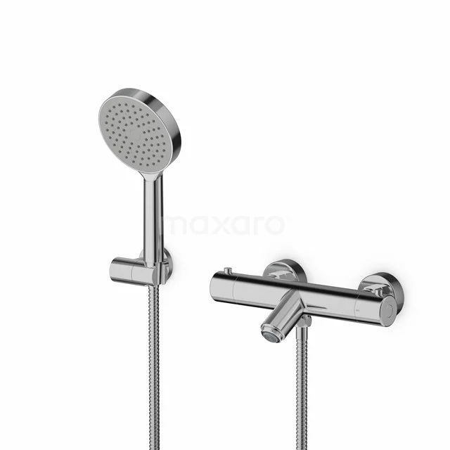 Verchromte thermostatische Duscharmatur mit runder Handbrause, ideal für ein modernes Badezimmer, schlankes Design und langlebige Ausführung.