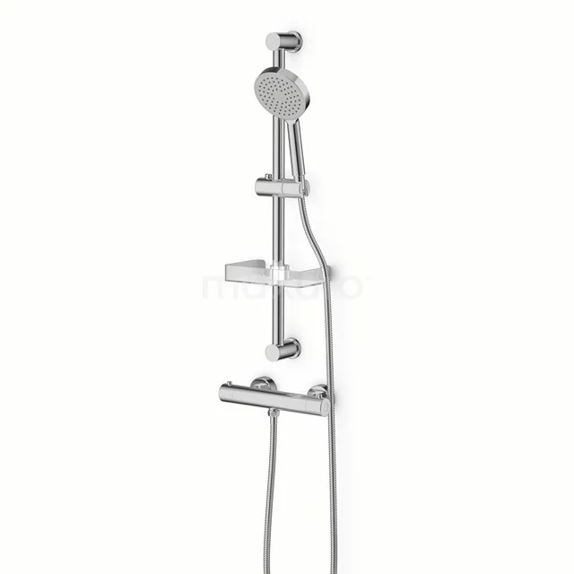 Verchromte Thermostat-Duscharmatur mit verstellbarer Handbrause, integriertem Regal und modernem Finish für Badezimmergebrauch.
