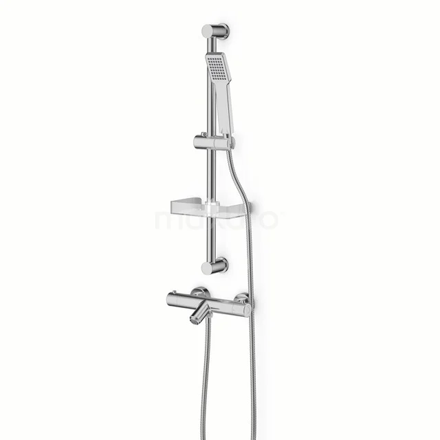 Chrom Duschset mit Gleitschiene, Handbrause und verstellbaren Regalen, ideal als stilvolle und funktionale Badezimmerlösung.