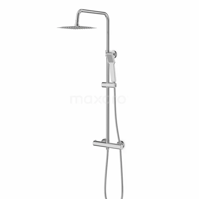 Chromthermostatische Regendusche mit eckiger Designstange und runder Brausekopf, ideal als stilvolle Badezimmerlösung.