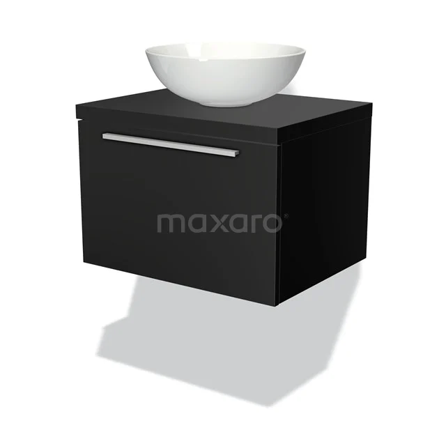 Badmöbelunterschrank mit Konsole 60cm Modulo Plato Matt Schwarz 1 Schublade Flach BMK11-00045 Schwarzes Badmöbel mit matter Oberfläche und einem runden weißen Aufsatzwaschbecken, ideal für einen modernen Badezimmerstil.