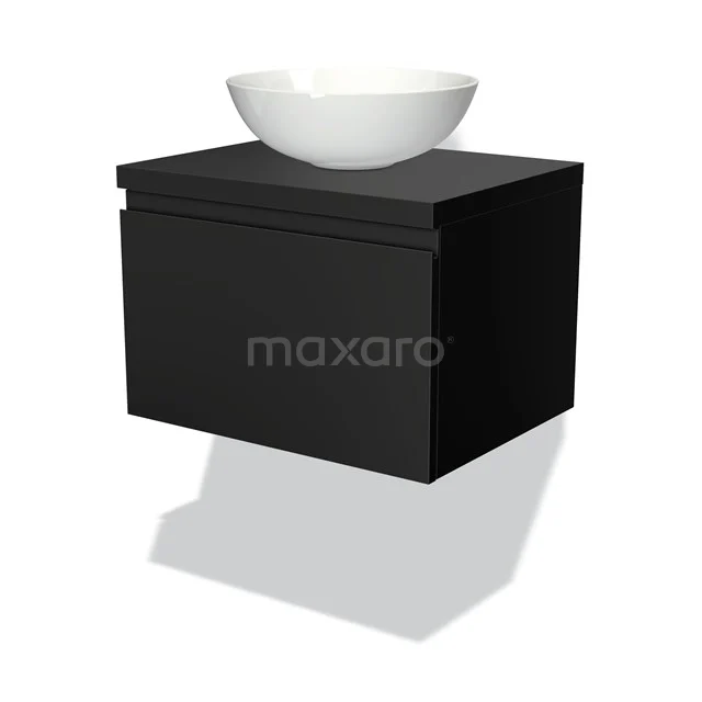 Zwart hangend badkamermeubel met mat zwarte afwerking en witte komvormige wastafel, modern design geschikt voor elke badkamer.