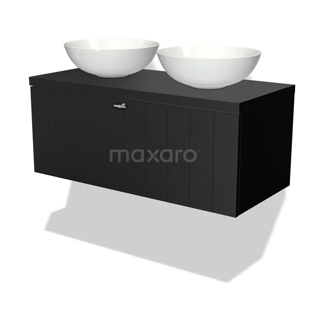 Schwarzes Badmöbel mit zwei weißen keramischen Aufsatzwaschbecken, schlichtes Design und schwebendes Modell für einen modernen Badezimmerstil.