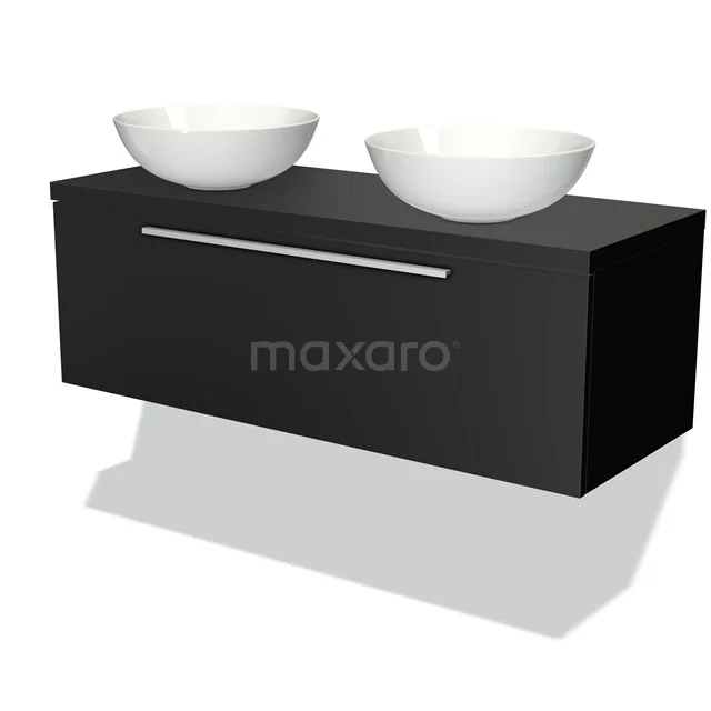 Modulo Plato Badmöbel mit Aufsatzwaschbecken | 120 cm Matt Schwarz Flach front Matt Schwarz blatt 1 Schublade BMK11-00054 Schwarzes Badmöbel mit zwei weißen Aufsatzwaschbecken, schlichtes Design und metallischem Haltegriff, ideal für moderne Bäder.