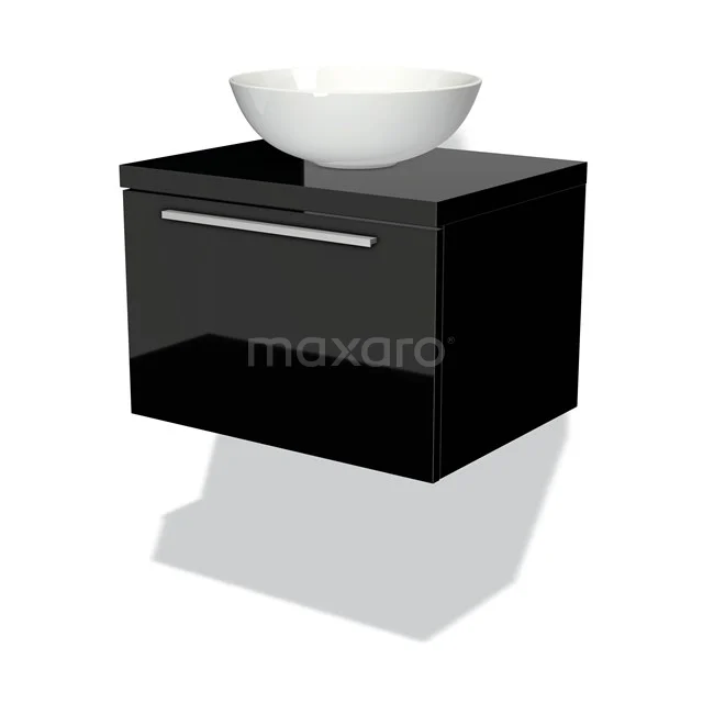 Waschtischunterschrank mit Konsole 60cm Modulo Plato Hochglanz Schwarz 1 Schublade Flach BMK11-00057 Schwarzes hängendes Badmöbel mit Hochglanzoberfläche und keramischem Aufsatzwaschbecken, modernes Design für stilvolle Bäder.