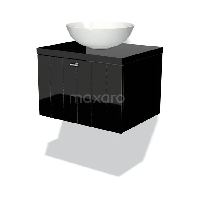 Waschtischunterschrank mit Konsole 60cm Modulo Plato Hochglanz Schwarz 1 Schublade Laminat BMK11-00058 Schwarzer Badschrank mit glänzender Oberfläche und weißem keramischen Aufsatzwaschbecken, modern und stilvoll für ein luxuriöses Badezimmer.
