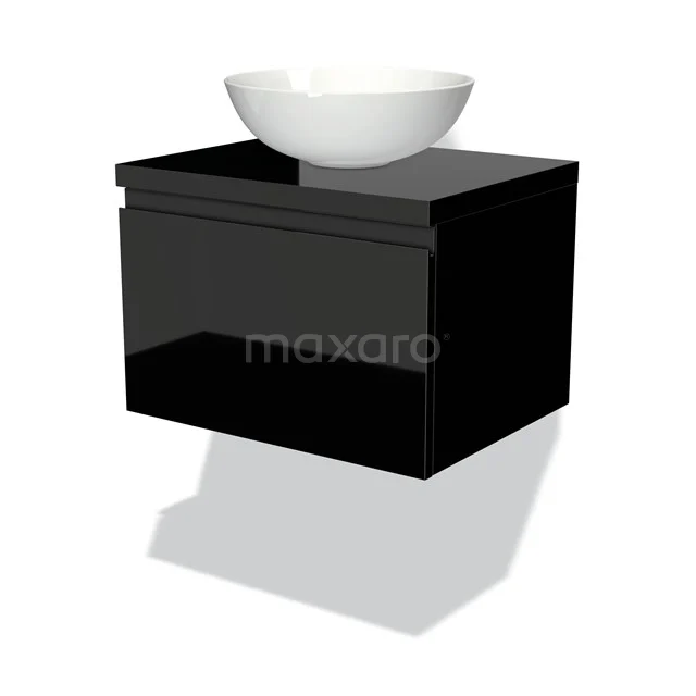 Schwarzes Badmöbel mit glänzender Oberfläche und integriertem Aufsatzwaschbecken, ideal für moderne Badezimmergestaltungen.