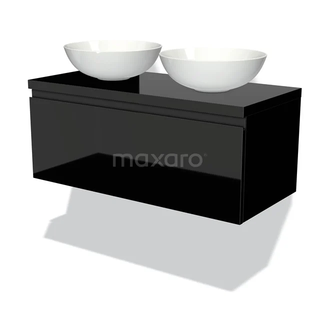 Schwarze Badmöbel mit Hochglanzoberfläche; doppelte weiße Aufsatzwaschbecken, modernes Design für stilvolle Badezimmerinrichtung.