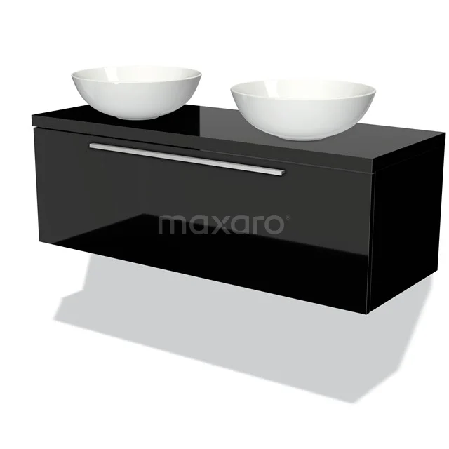 Black hanging bathroom furniture set with high-gloss finish and two white oval countertop wash basins, modern design.
