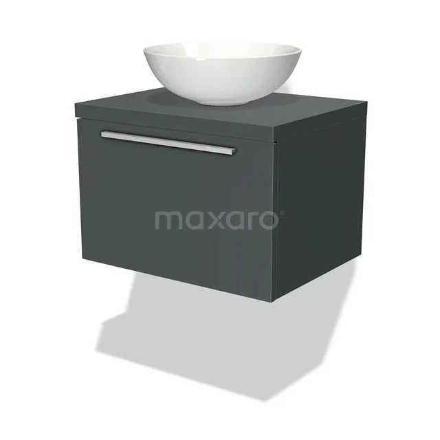 Dunkelgrau hängendes Badezimmermöbel mit weißem rundem Waschbecken, modernes Design, einschließlich Metallgriff.