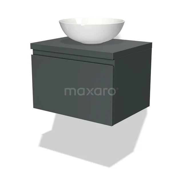 Badmöbel für Aufsatzwaschbecken 60cm Modulo Plato Dunkelgrau 1 Schublade grifflos BMK11-00071 Graues Badezimmermöbel mit weißem Aufsatzwaschbecken, modernes Wandmodell, ideal für eine stilvolle und kompakte Badezimmergestaltung.