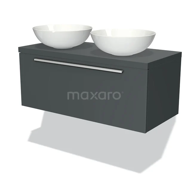 Antrazit Badmöbel mit zwei weißen Waschbecken, schlankes Design und nachhaltigen Materialien, perfekt für moderne Bäder.