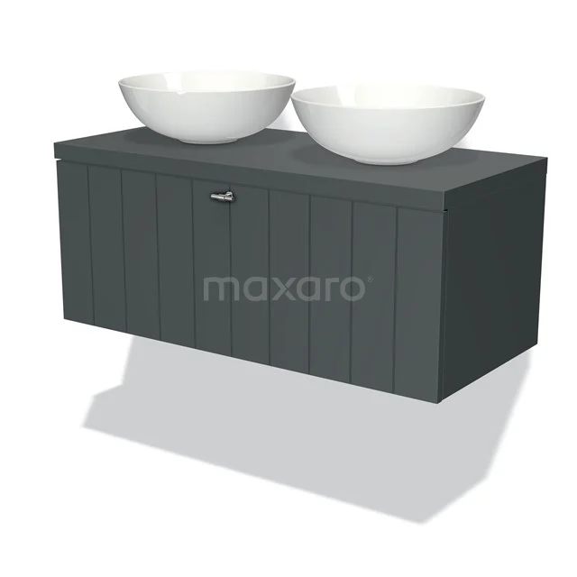 Moderne graue Badmöbel mit zwei runden weißen Aufsatzwaschbecken, Holzverarbeitung und minimalistischem Design.