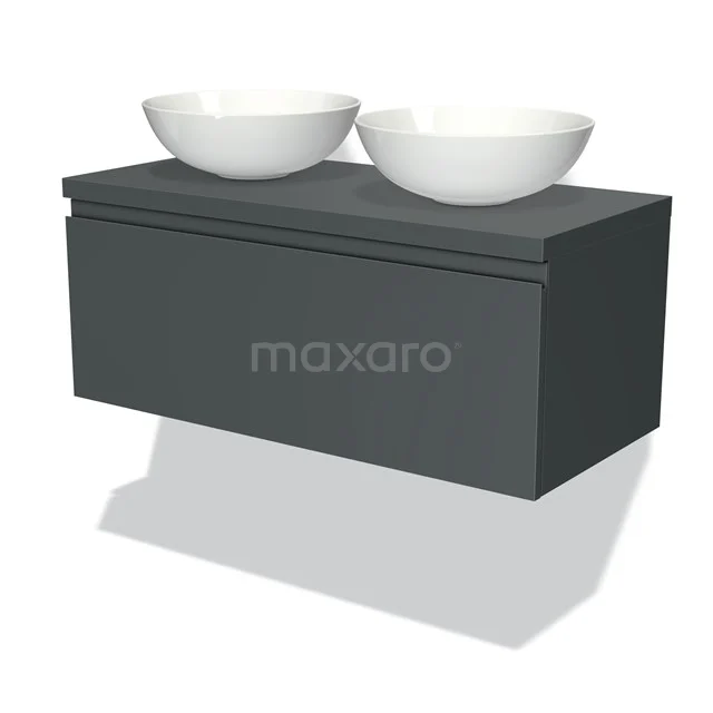 Graue schwebende Badmöbelset mit doppelten weißen Aufsatzwaschbecken und schickem Design, ideal für einen modernen Badezimmerstil.