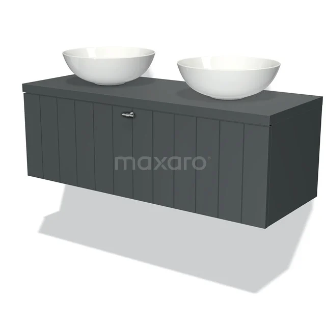 Dark grey bathroom furniture set with hanging design, wood look and two white round countertop wash basins for a modern bathroom style.