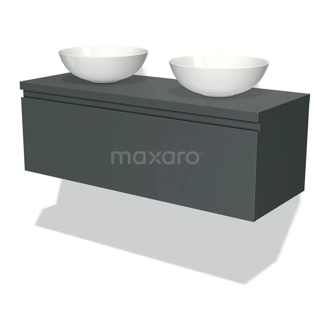 Anthracite hanging Bathroom unit with two white top washbasins, sleek design of modern series, ideal for a stylish bathroom.