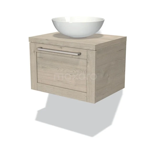 Wooden bathroom cabinet with drawers and white basin bowl, modern design, ideal for compact bathrooms.