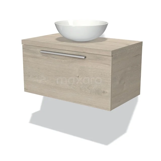 Hängendes Badezimmermöbel aus Holz, mit Schublade und weißem keramischen Aufsatzwaschbecken, modernes Design für stilvolle Bäder.