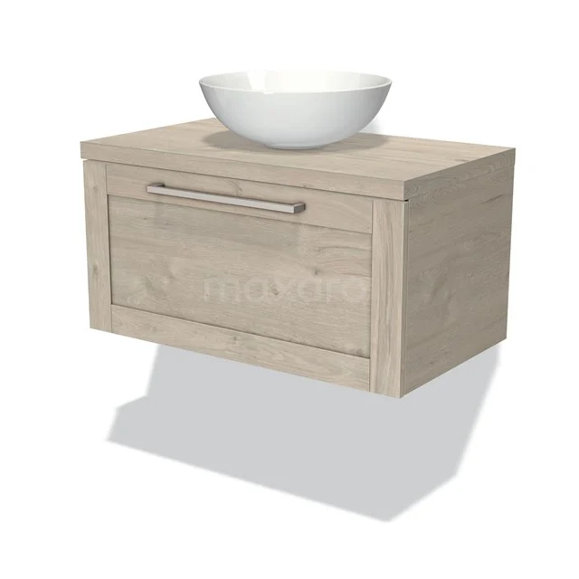 Wooden bathroom unit with drawers, hanging design, light Oak finish, and white top-mounted basin for modern bathroom style.