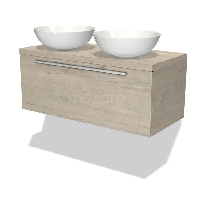 Badmöbel für Aufsatzwaschbecken 100cm Modulo Plato Hellgraue Eiche 1 Schublade Flach BMK11-00085 Eichen Badezimmermöbel mit doppelten weißen Aufsatzwaschbecken, inox Haltegriff und modernem Design für ein stilvolles Badezimmer.