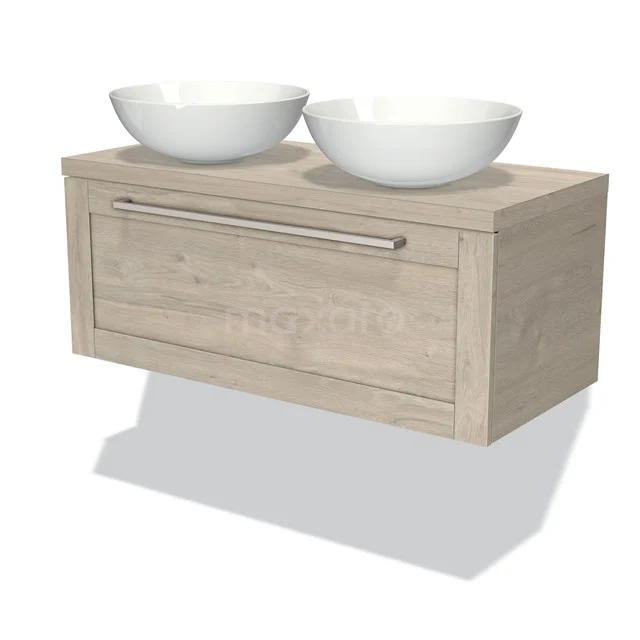 Modulo Plato Vanity units for countertop basin | 100 cm Light grey oak Frame front Light grey oak worktop 1 drawer BMK11-00086 Wooden bathroom unit with Oak look and two white vanity units with basins, ideal for a stylish double basin arrangement.
