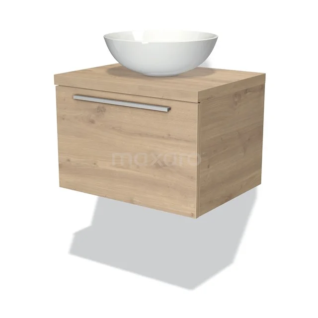 Badmöbel mit Konsole 60cm Modulo Plato Hellbraune Eiche 1 Schublade Flach BMK11-00089 Holz-Badschrank mit Schublade und weißem Aufsatzwaschbecken, modernes Design, ideal für eine stilvolle und praktische Badezimmergestaltung.