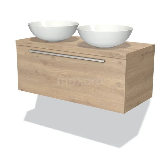 Holz-Badmöbel mit doppelten Aufsatzwaschbecken, modernes Design, hängendes Modell für ein stilvolles und funktionales Badezimmer.