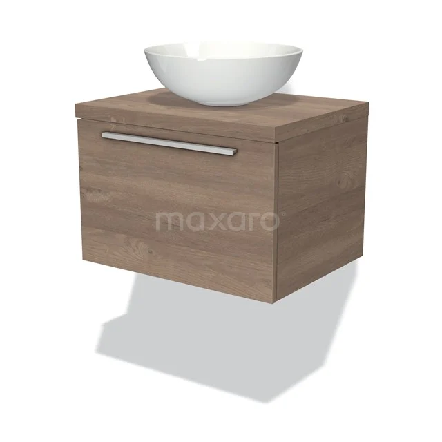 Waschtisch Holzoptik mit weißem keramischen Aufsatzwaschbecken, kompaktes Design für moderne Bäder.