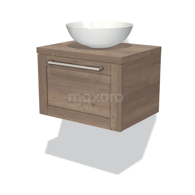 Modulo Plato Vanity units for countertop basin | 60 cm Mid brown oak Frame front Mid brown oak worktop 1 drawer BMK11-00098 Wooden vanity unit with drawers, including white ceramic countertop wash basin; compact design perfect for modern bathrooms.