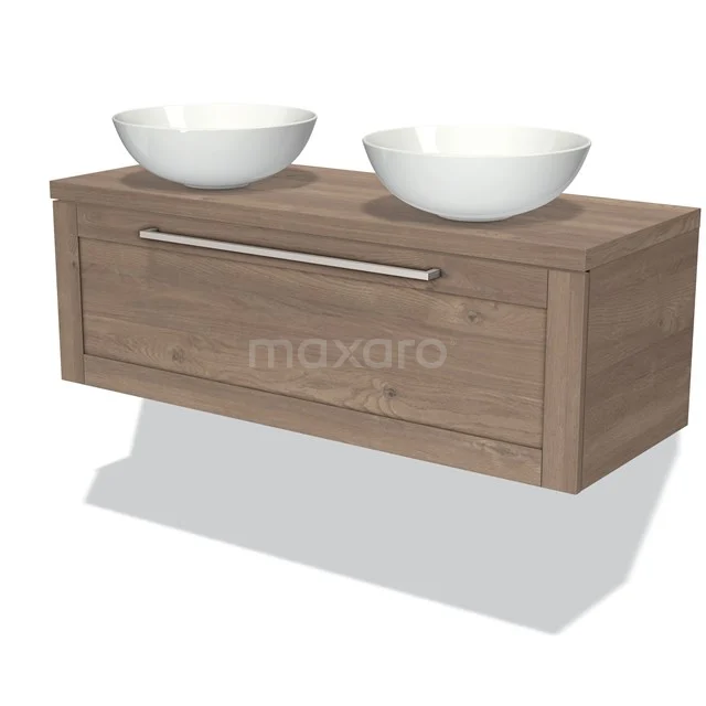 Wooden bathroom unit with two white countertop wash basins, modern design, wall-mounted and soft-close drawers.